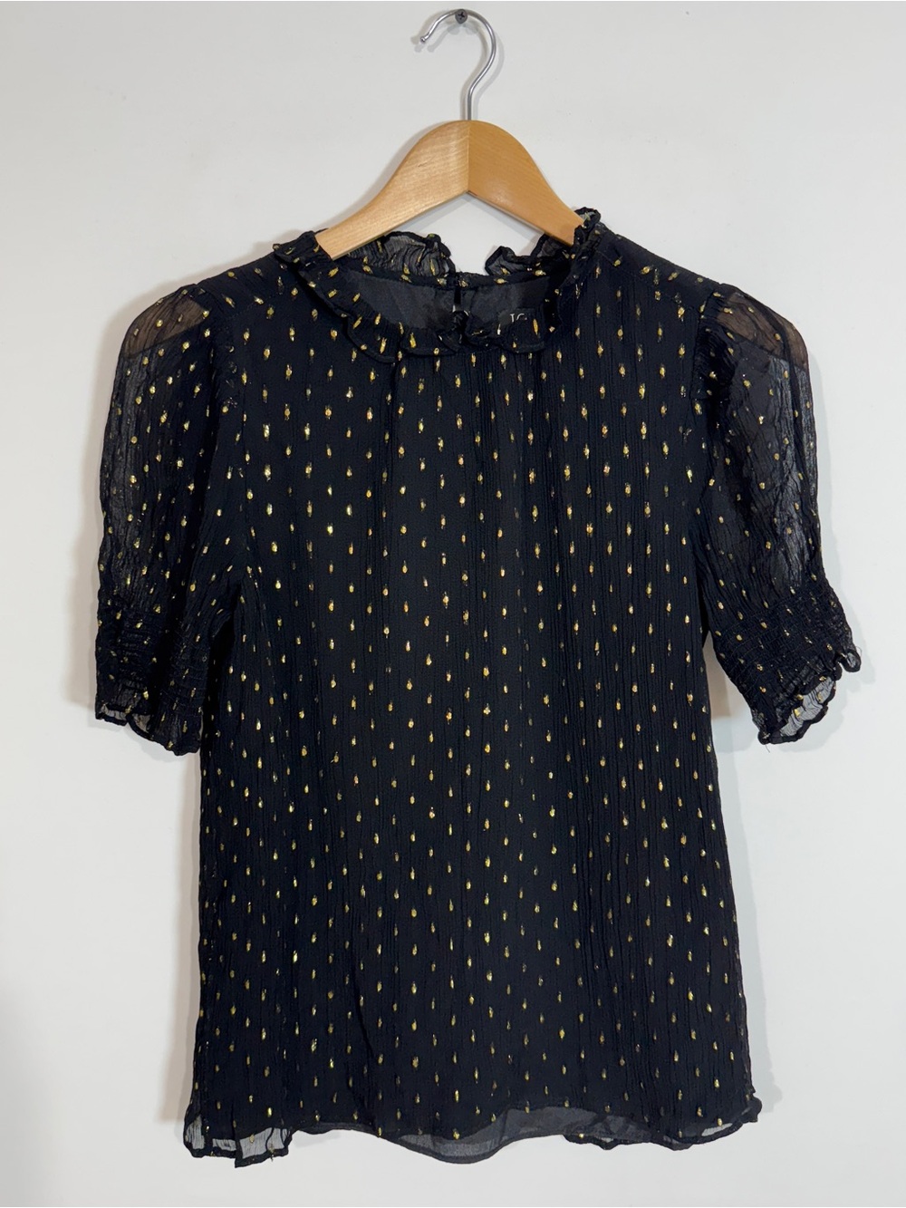 WSH134 {J. Crew} Black Gold Dot Metallic Ruffle Blouse Shirt Top